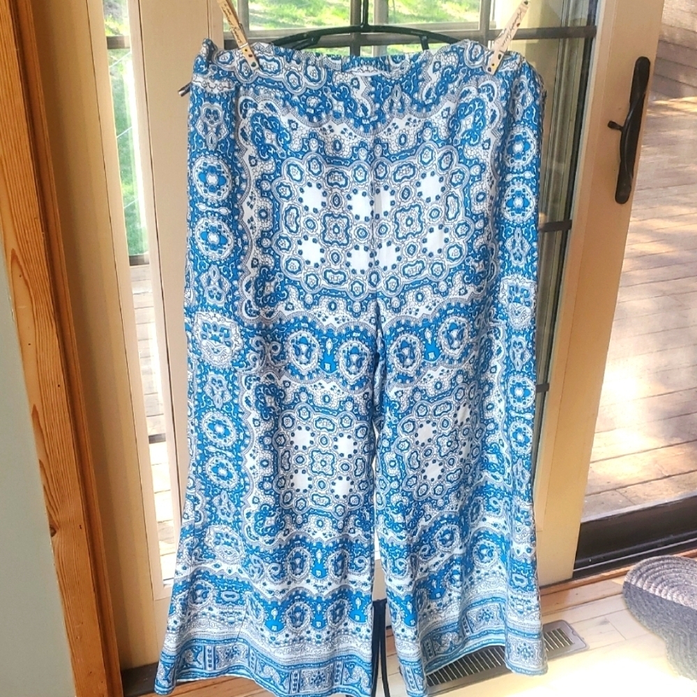 Feather Bone By Anthropologie Blue and White Patterned Lined Wide Leg Sz 6 Pants